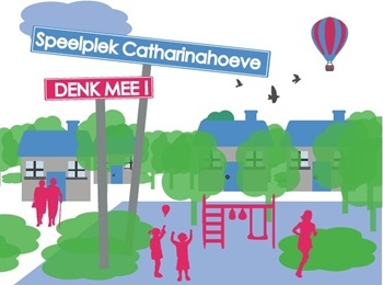 Tekening catharinahoeve, spelende kinderen bij speeltoestellen