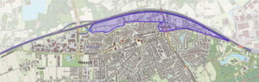 Kaart met dorpskern Heesch met aan de noordrand het totale plangebied in paars