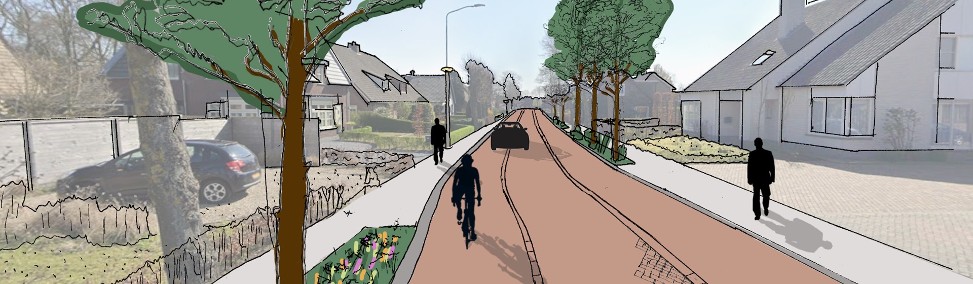 Tekening - van Weijen; straat met links en rechts huizen en bomen.